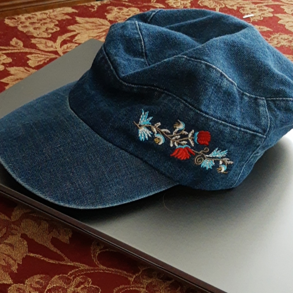 Women's floral stitched denim hat